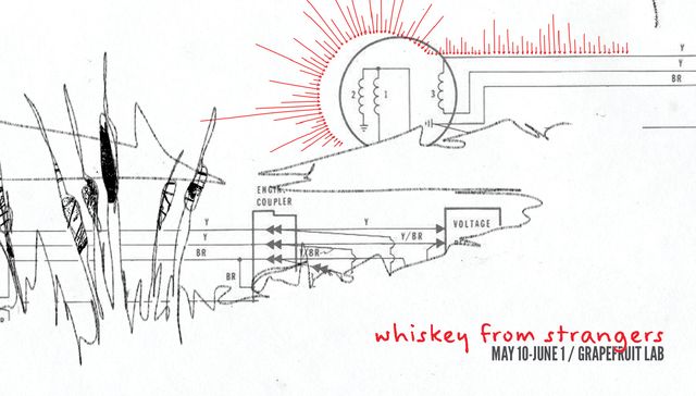 A pond with cattail reeds and mountains, sketched in a single pencil line, with an electrical diagram sun reflecting in the water - small red arrows form rays pointing in at the sun
