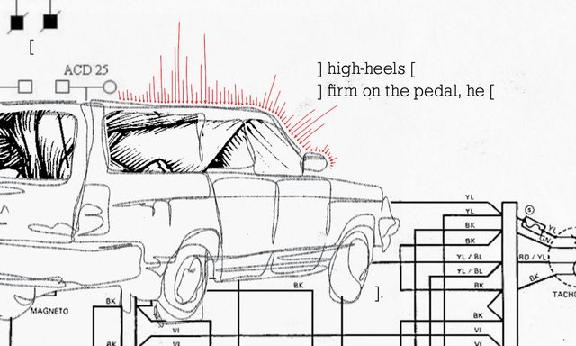 Sketch of a volvo
in a collage of electrical & genetic diagrams,
with red arrows
and text that says "high heels firm on the pedal, he"

