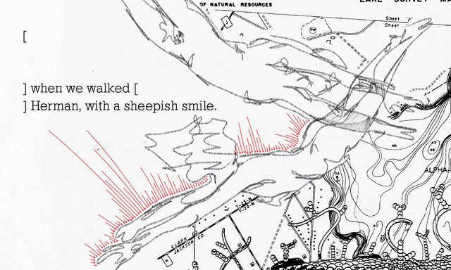 Sketch of people diving
over a contour map and cancer cells
with red arrows
and text that says "when we walked, Herman with a sheepish smile"