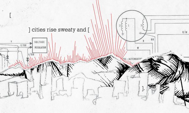 Sketch of a skyline and mountains
in a collage of medical & electrical diagrams
with red arrows
and text that says "cities rise sweaty and"