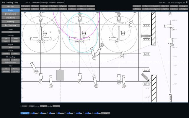 Part of a theatrical lighting plot drawn in Drafty Pro