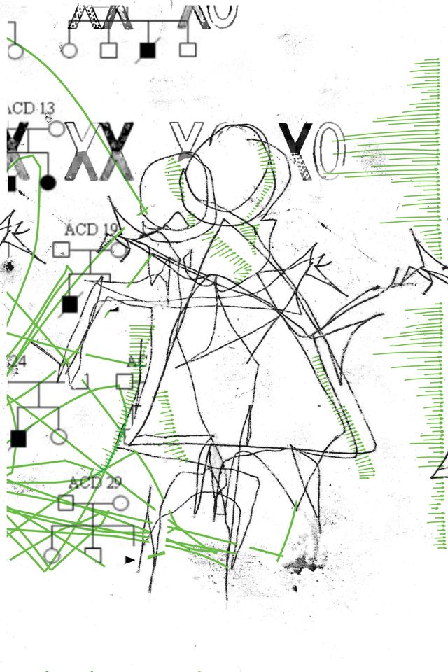 Only green scribbles over black and white imagery, the man and woman triumphant