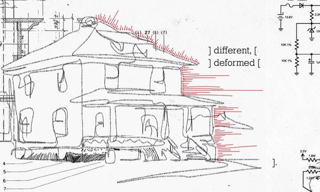 Sketch of a house
over electrical diagrams
with red arrows
and text that says "different, deformed"