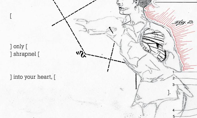 Sketch of a boxer with one arm and a short skirt
in a collage of diagrams
with red arrows
and text that says "only shrapnel, into your heart"