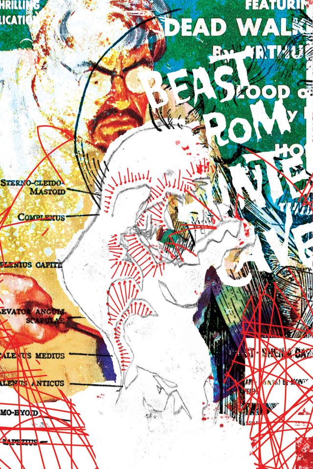 An alien face-hugger bursting onto the page in blind contour sketch and white silhouette over the pulp fiction novel in yellows and greens Beast From Hunter Cave, with a spectacled scientist prodding at the alien. The collage is covered in red scribbles and arrows.