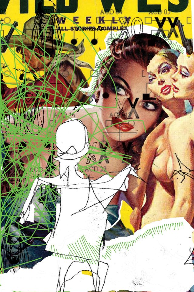 A rectangular blind-contour man in silhouette with green scribbles and arrows over pulp fiction covers of a cowboy, a brunette, and a naked blond woman reflected in a mirror