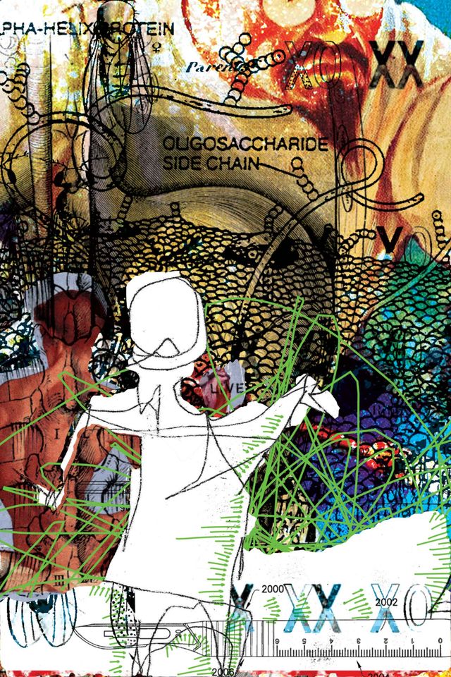 The silhouette man and the back of a woman, over diagrams of cancerous cells, and a scientist in the background