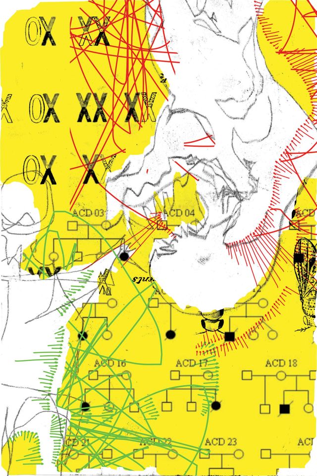 Bright yellow, the alien descending from above, and the man silhouetted below - red and screen scribbles in battle now, and more diagrams of genetics