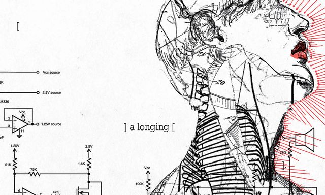 A face and neck collage
of black-and-white medical and electrical diagrams,
with red arrows
and text that says "a longing"