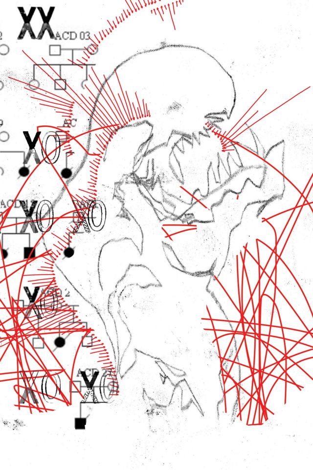 Black and white with red scribbles - the alien takes up the entire page, obscuring genetic labels and heredity diagrams
