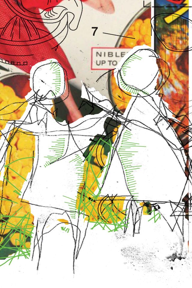 Blind contour silhouettes of our rectangular man and a new triangular woman over images and diagrams of food